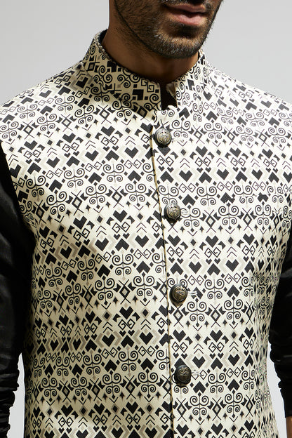 White Geo Printed Bundi and Black Kurta and Pants