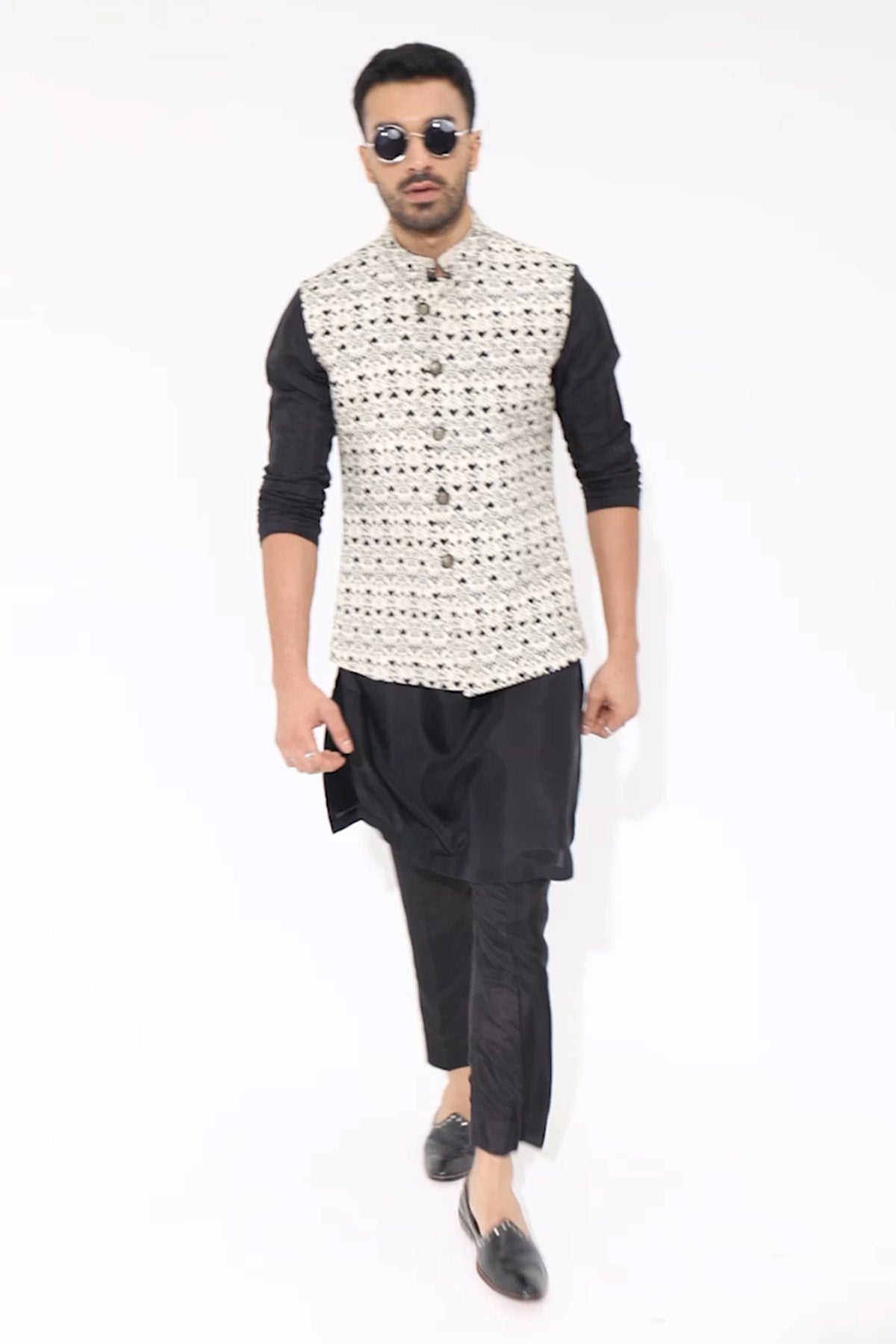 White Geo Printed Bundi and Black Kurta and Pants