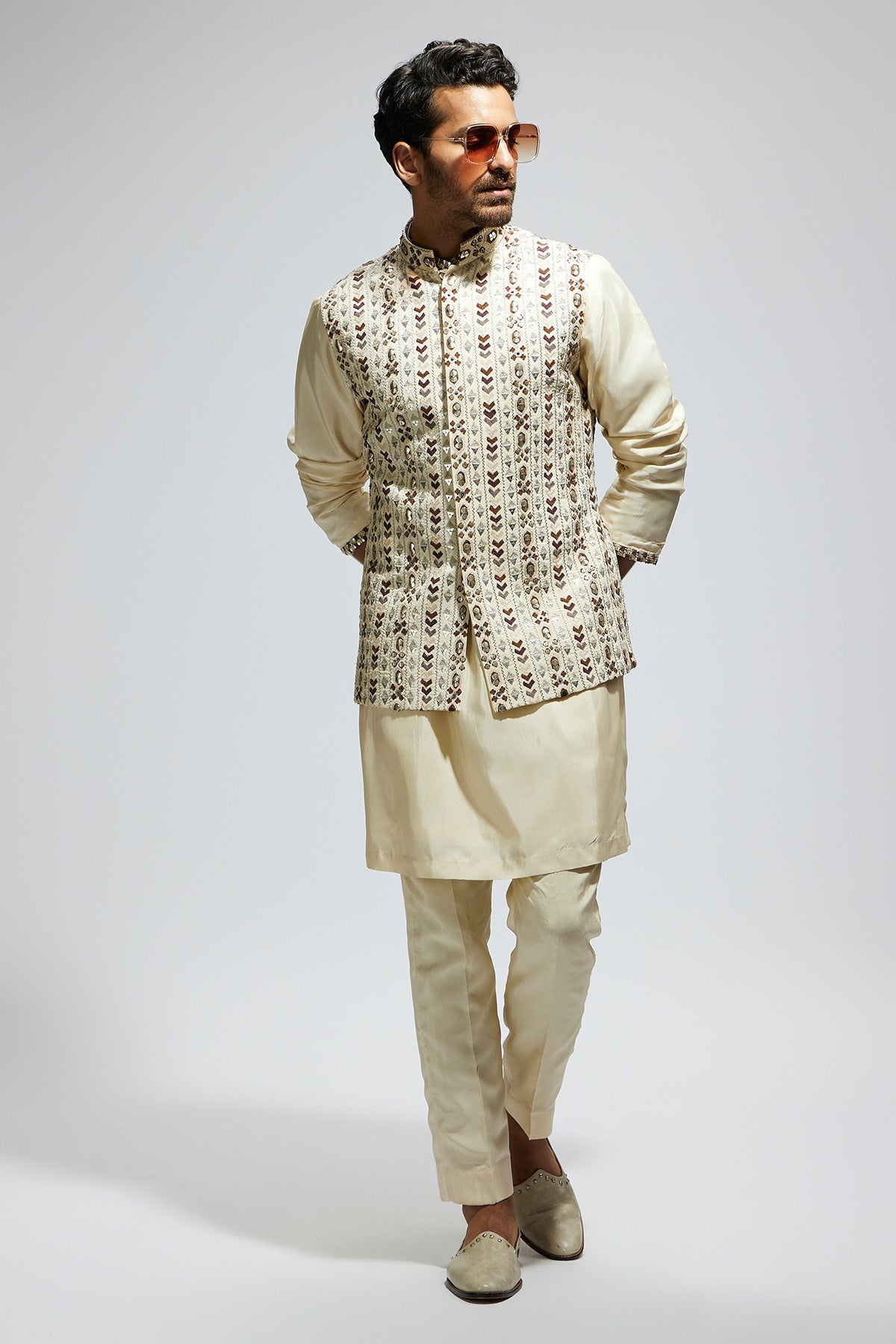 Ivory Geo Embroidered Sherwani with Pants