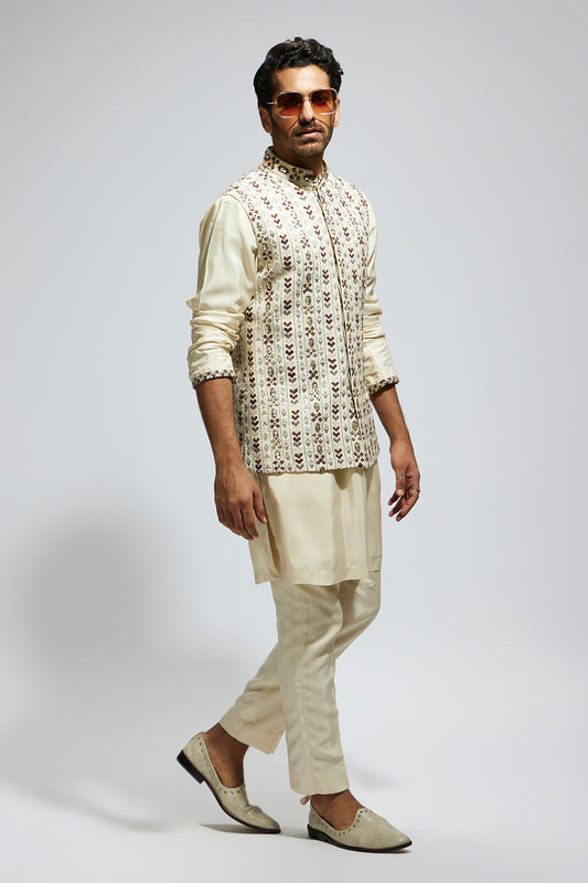 Ivory Geo Embellished Bundi with Kurta and Pants