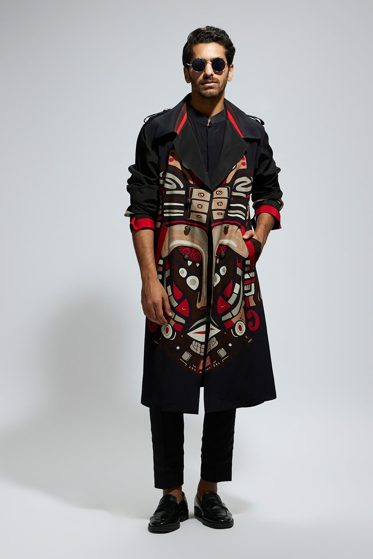 Black Mask Print Trenchcoat