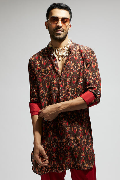 Grey Jaal Print Rolled up Sleeves Kurta