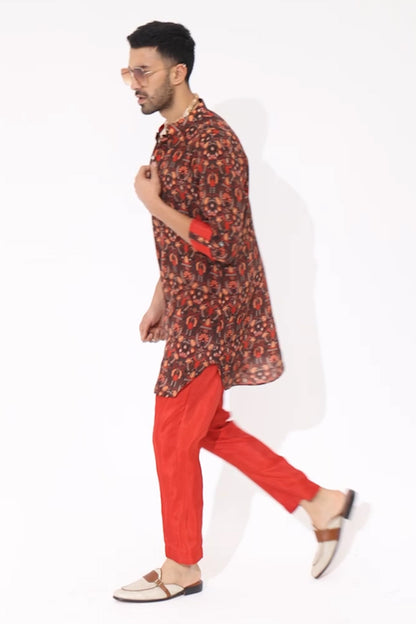 Grey Jaal Print Rolled up Sleeves Kurta