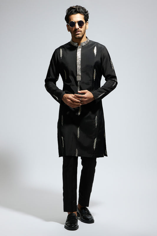 Black Feather Embroidered Kurta with Pants