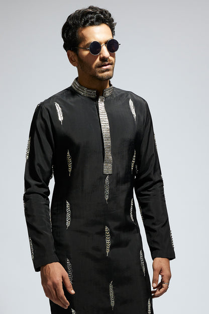 Black Feather Embroidered Kurta with Pants