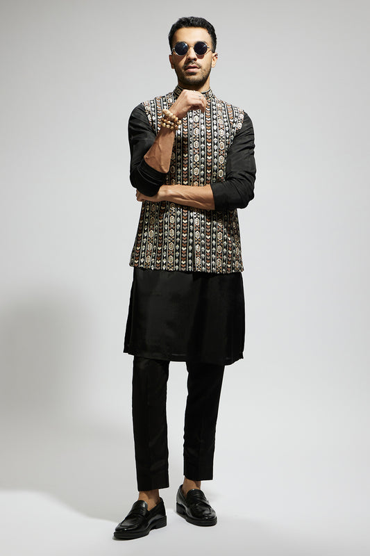 Black Geo Embroidered Bundi with Kurta and Pants