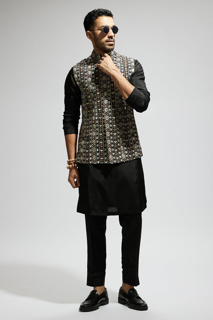 Black Geo Embroidered Bundi with Kurta and Pants