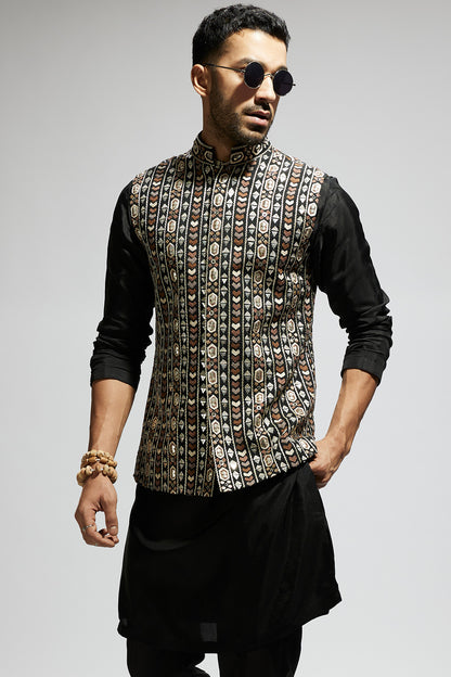 Black Geo Embroidered Bundi with Kurta and Pants