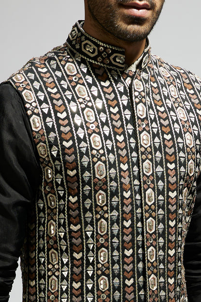 Black Geo Embroidered Bundi with Kurta and Pants