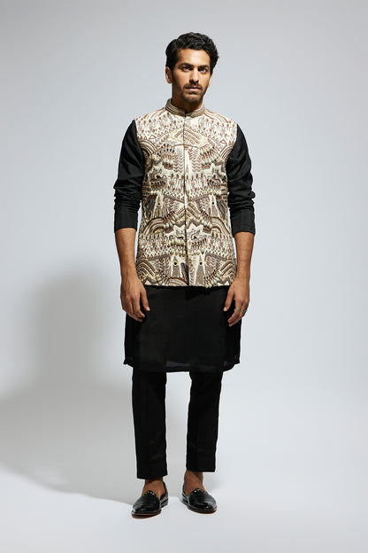 Ivory Abtract Embroidered Bundi with Kurta and Pants