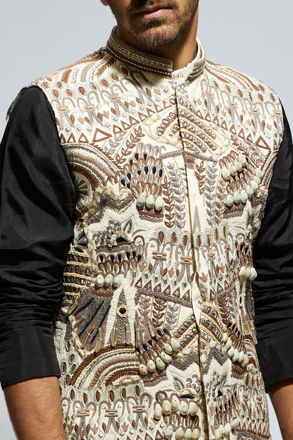 Ivory Abtract Embroidered Bundi with Kurta and Pants