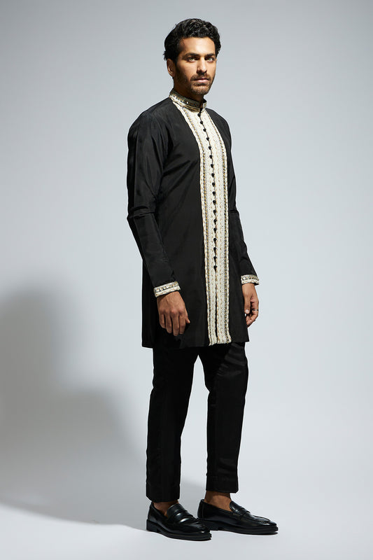 Black Front Open Threadwork Embroidered Kurta Paired with Pants