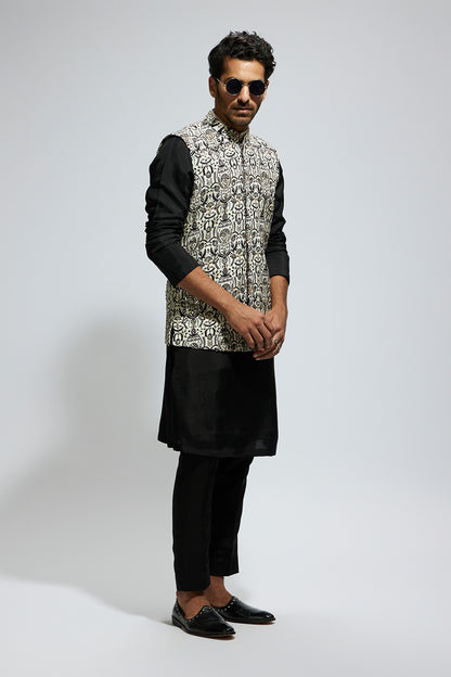 White Leaf Printed Bundi with Kurta and Pants