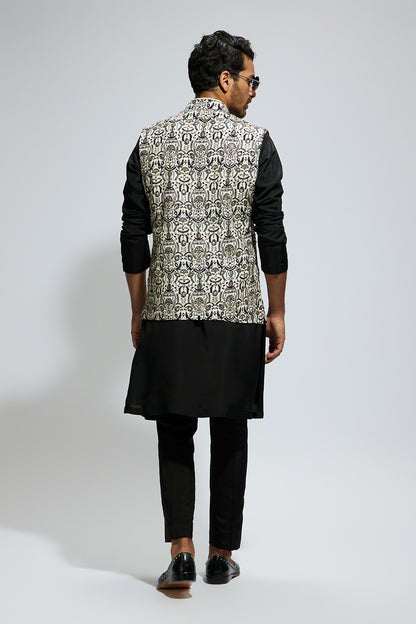 White Leaf Printed Bundi with Kurta and Pants