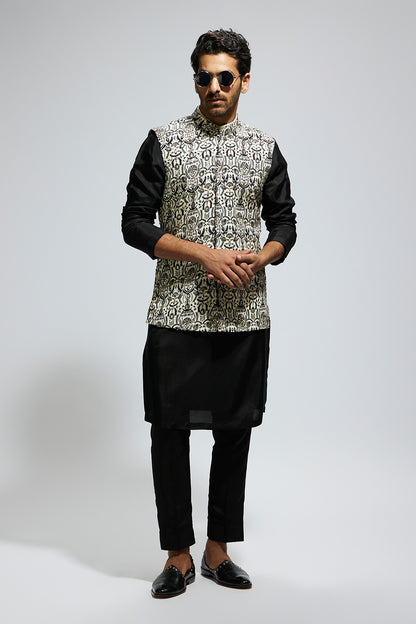 White Leaf Printed Bundi with Kurta and Pants