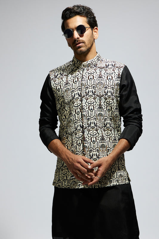 White Leaf Printed Bundi with Kurta and Pants