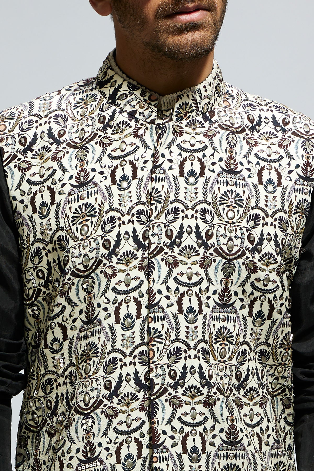 White Leaf Printed Bundi with Kurta and Pants