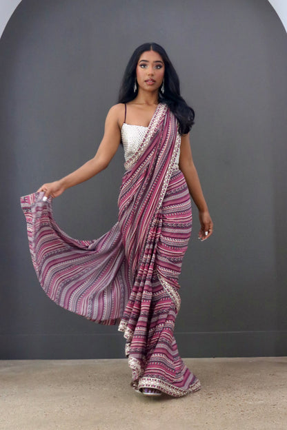 Merlot Boho Striped Cascading Saree