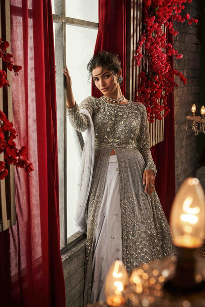 Grey Indo Western Hand Embroidered Lehenga Set