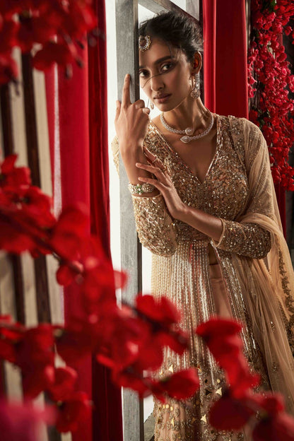 Modest Peachy Beige Lehenga Set