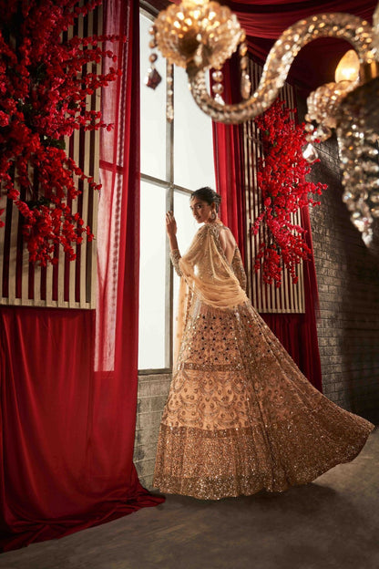 Modest Peachy Beige Lehenga Set