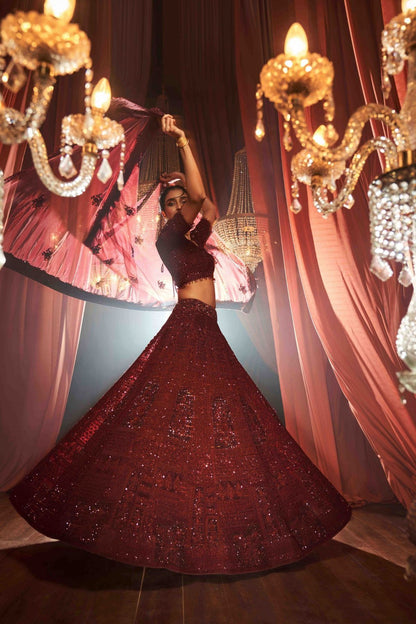 Deep Wine Self Embroidered Lehenga Set