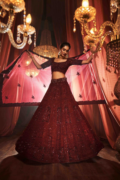 Deep Wine Self Embroidered Lehenga Set