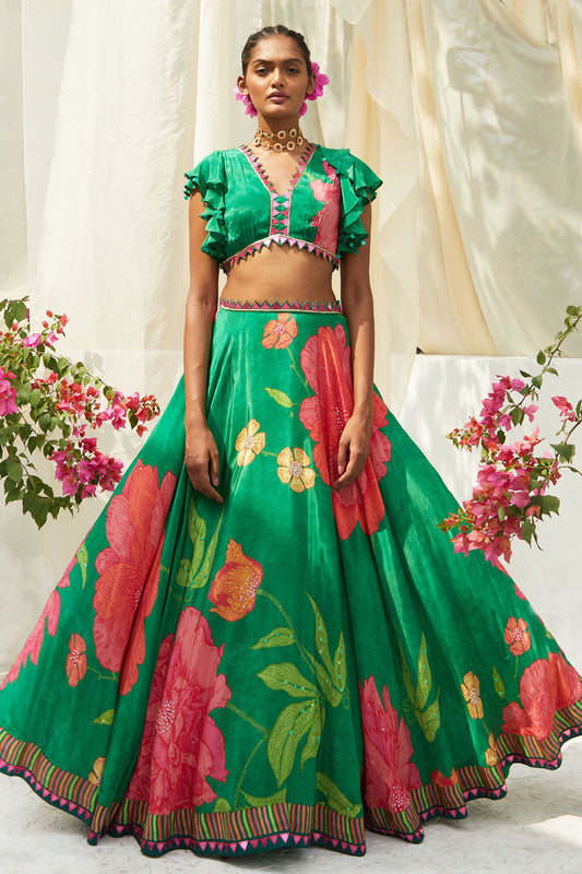 GREEN PRINTED LEHENGA SET