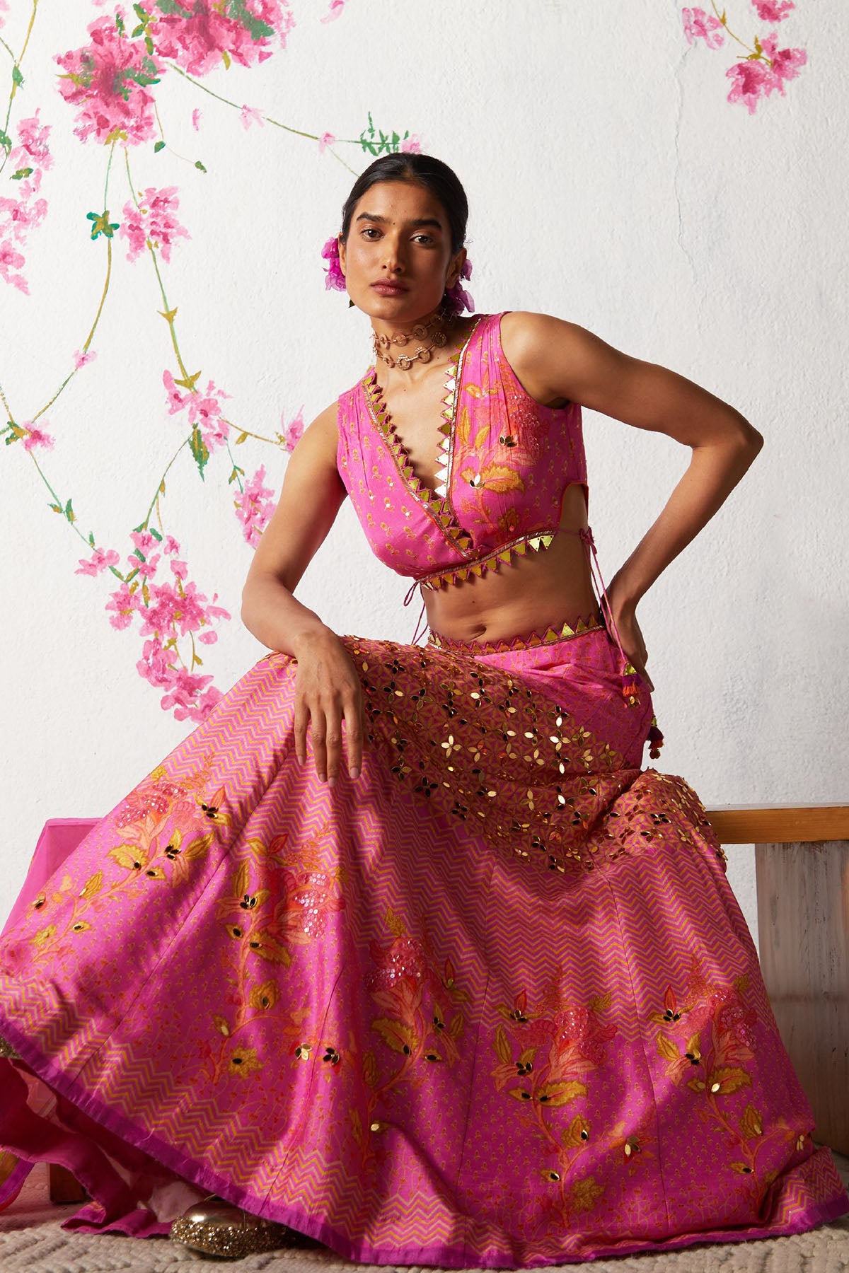 PINK PRINTED LEHENGA SET