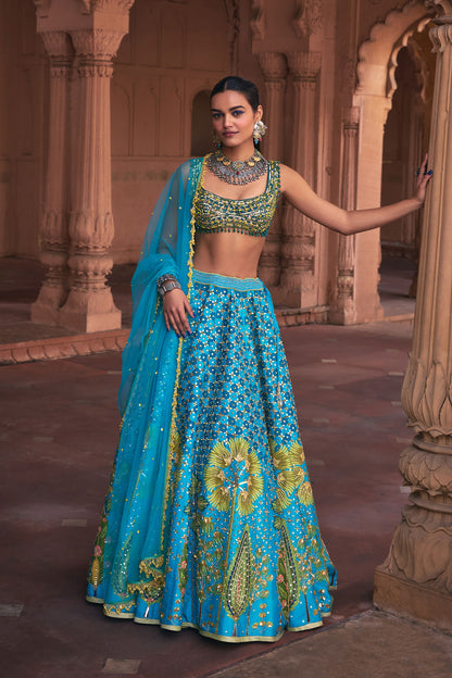 TURQUOISE FLORAL PRINT & EMBROIDERED LEHENGA SET