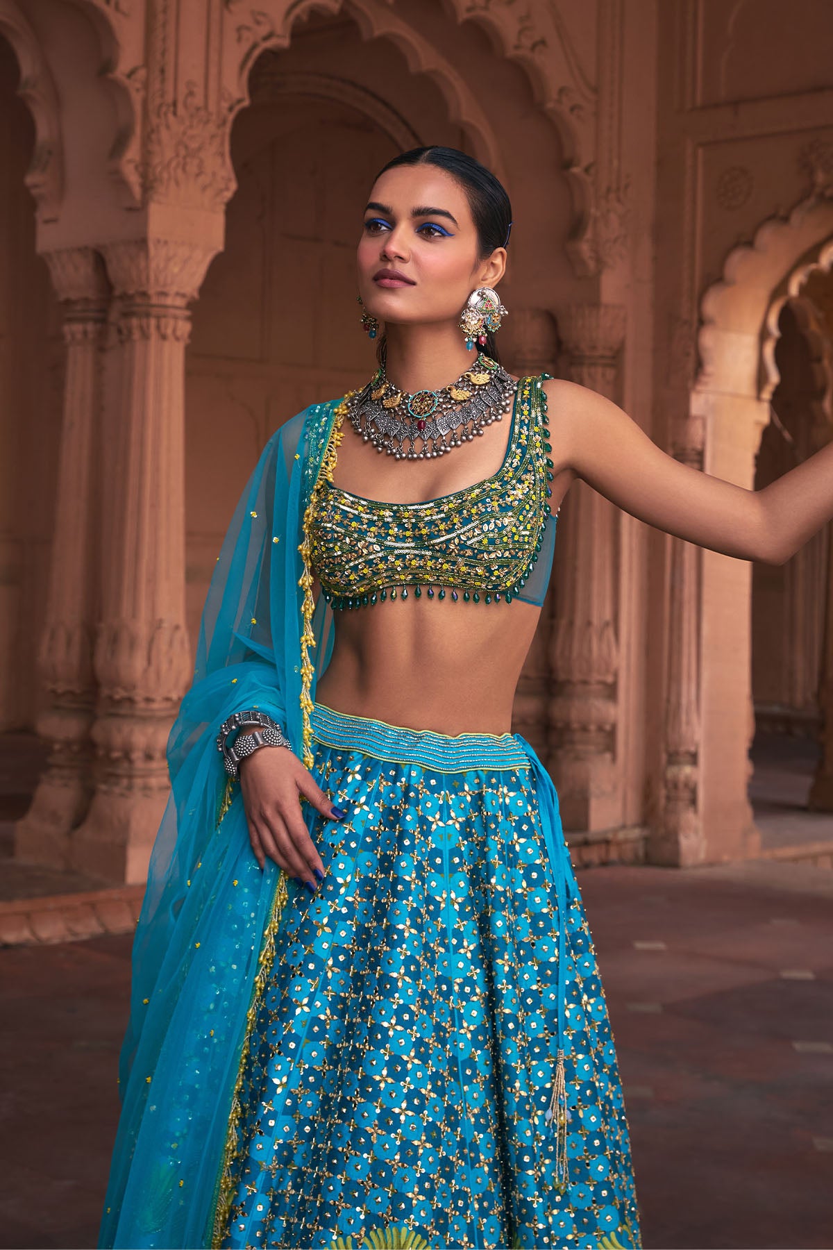 TURQUOISE FLORAL PRINT & EMBROIDERED LEHENGA SET