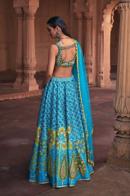 TURQUOISE FLORAL PRINT & EMBROIDERED LEHENGA SET