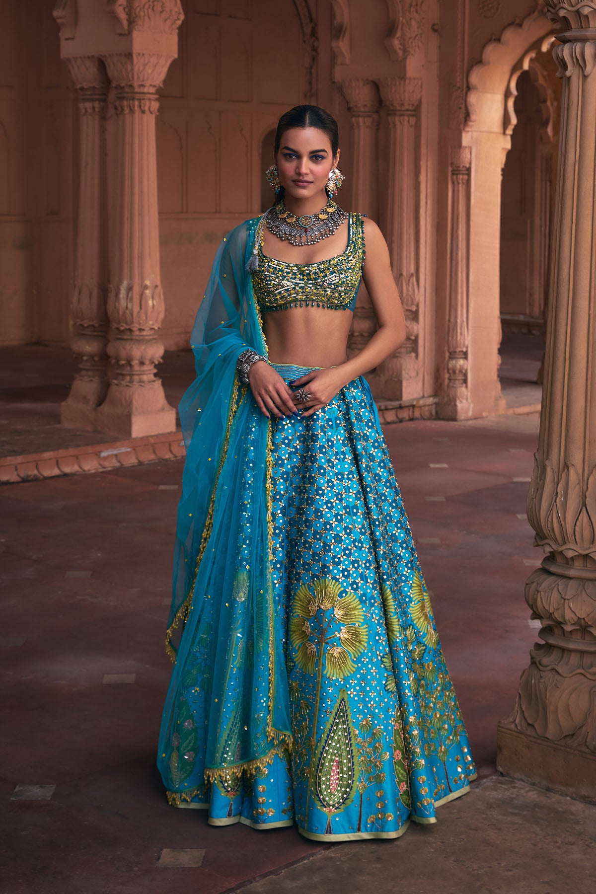 TURQUOISE FLORAL PRINT & EMBROIDERED LEHENGA SET