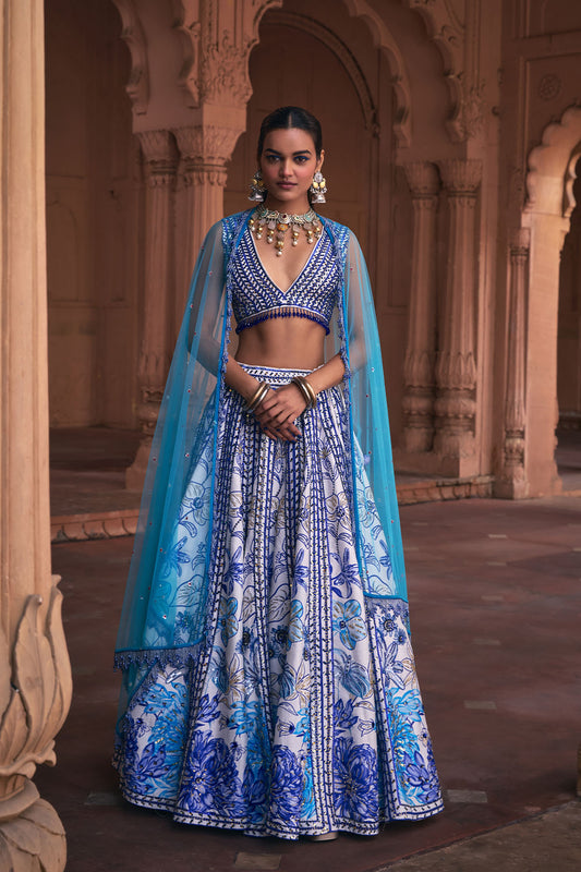 INDIGO BLUE FLORAL FRAME  PRINT & EMBROIDERED LEHENGA SET