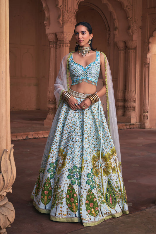 POWDER BLUE FLORAL PRINT & EMBROIDERED LEHENGA SET