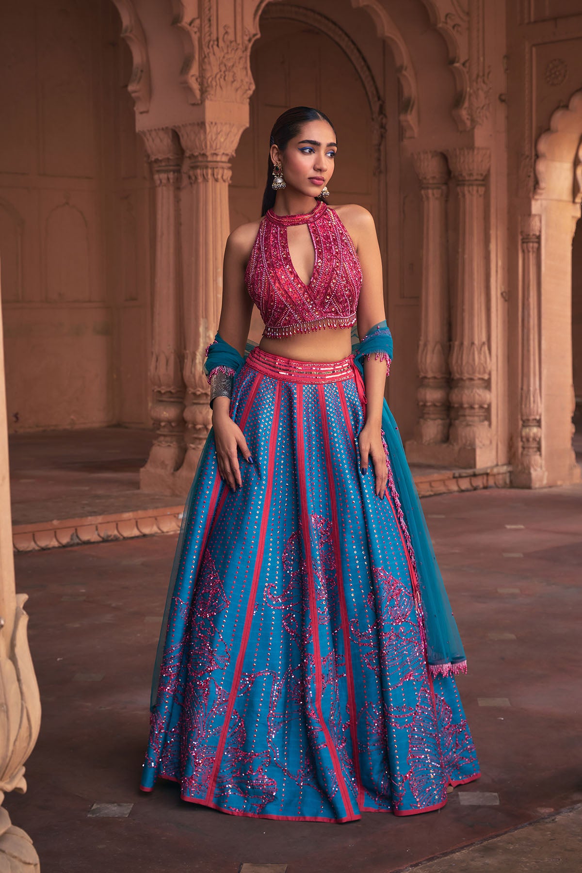 TEAL BIG FLORAL PRINT & EMBROIDERED LEHENGA SET