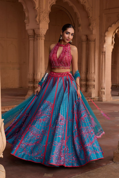 TEAL BIG FLORAL PRINT & EMBROIDERED LEHENGA SET