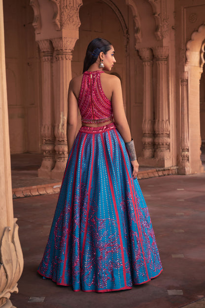 TEAL BIG FLORAL PRINT & EMBROIDERED LEHENGA SET