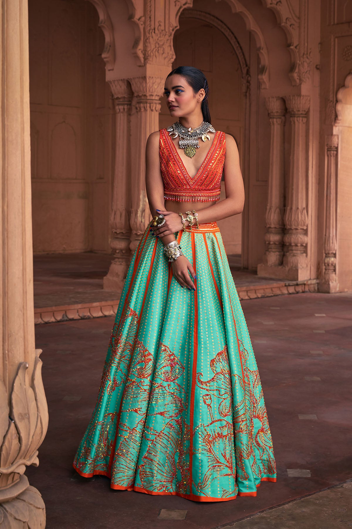 SEAGREEN BIG FLORAL PRINT & EMBROIDERED LEHENGA SET