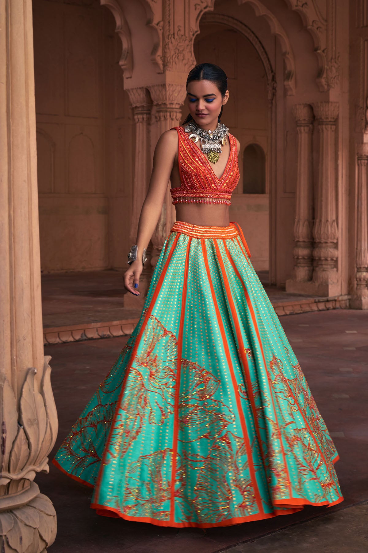 SEAGREEN BIG FLORAL PRINT & EMBROIDERED LEHENGA SET