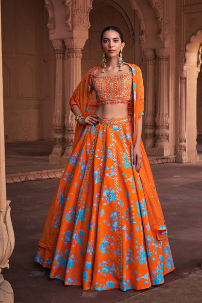 TANGERINE FLORAL PRINT & HIGHLIGHTED LEHENGA SET