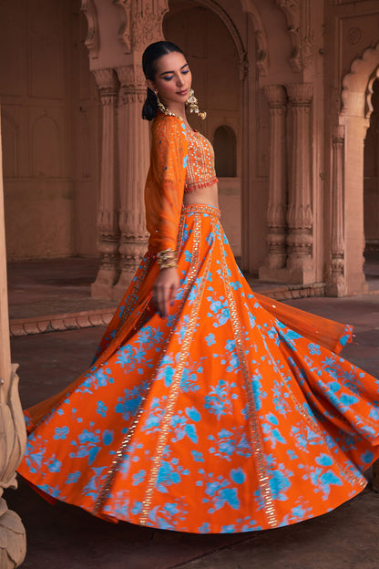 TANGERINE FLORAL PRINT & HIGHLIGHTED LEHENGA SET