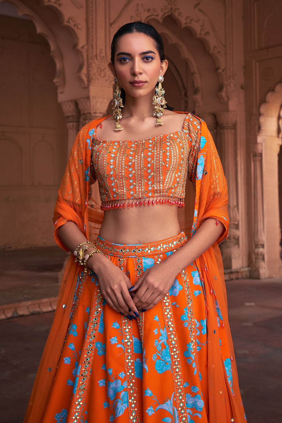 TANGERINE FLORAL PRINT & HIGHLIGHTED LEHENGA SET