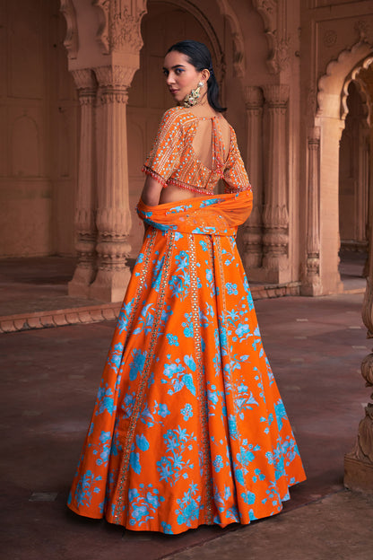 TANGERINE FLORAL PRINT & HIGHLIGHTED LEHENGA SET