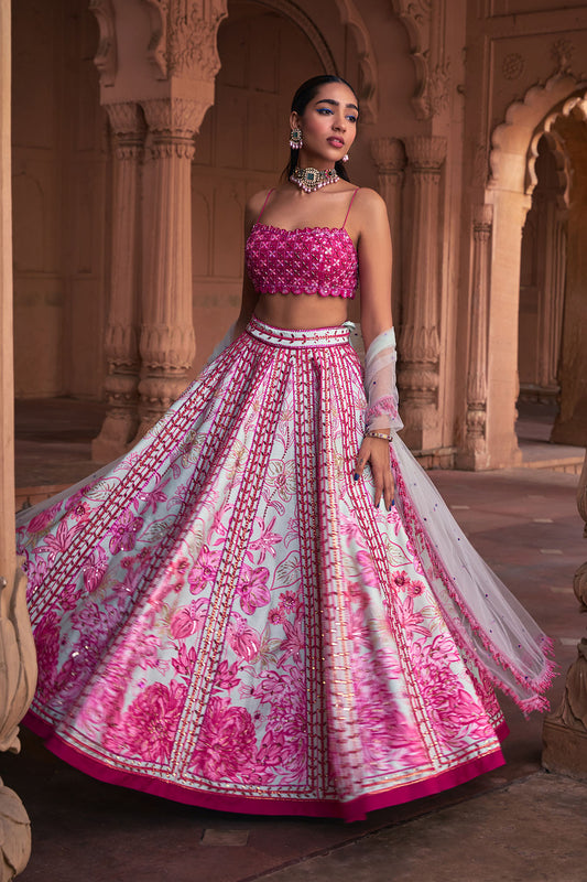 FUSCHIA FLORAL FRAME PRINT & EMBROIDERED LEHENGA SET