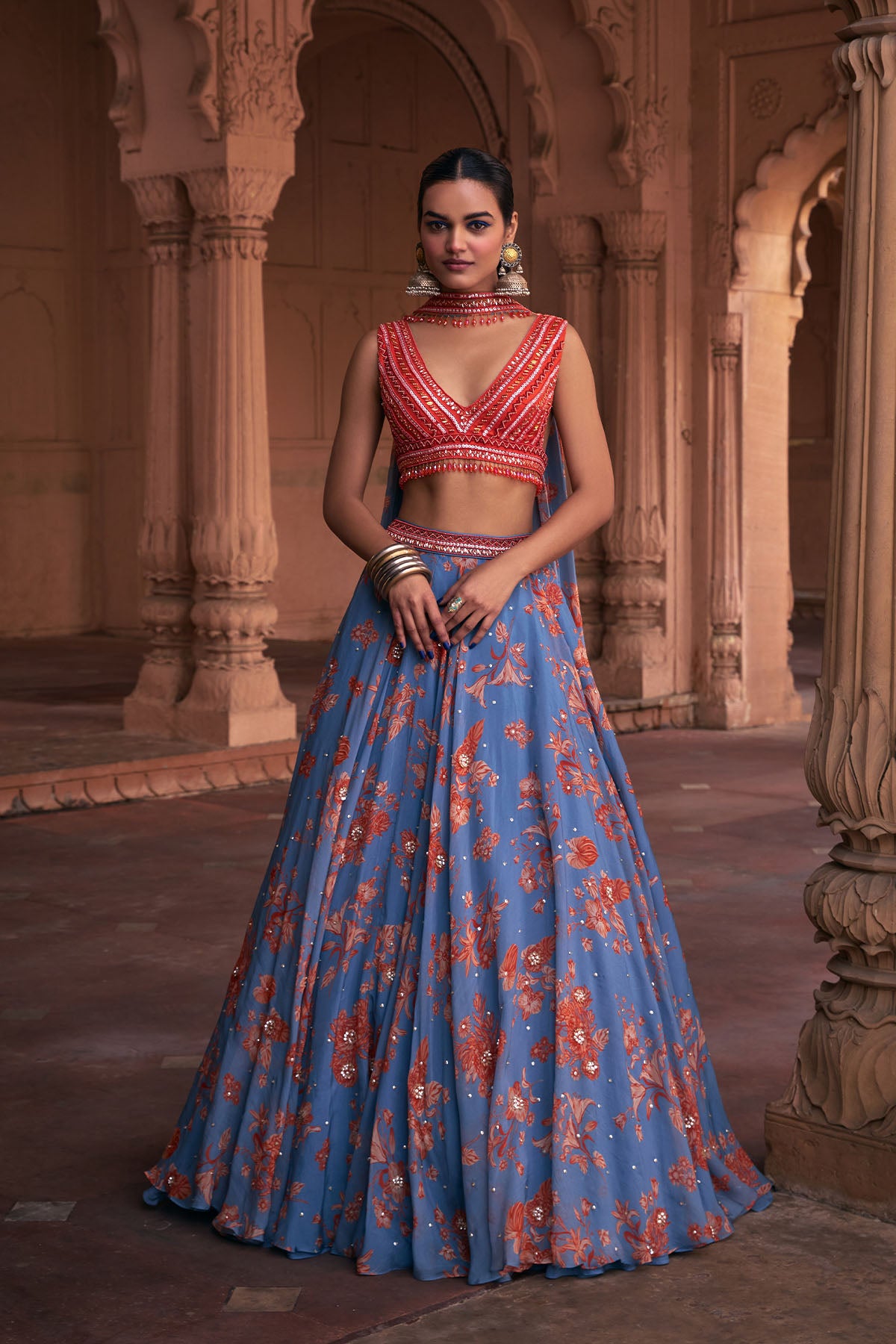 SLATE BLUE FLORAL PRINT & HIGHLIGHTED LEHENGA SET