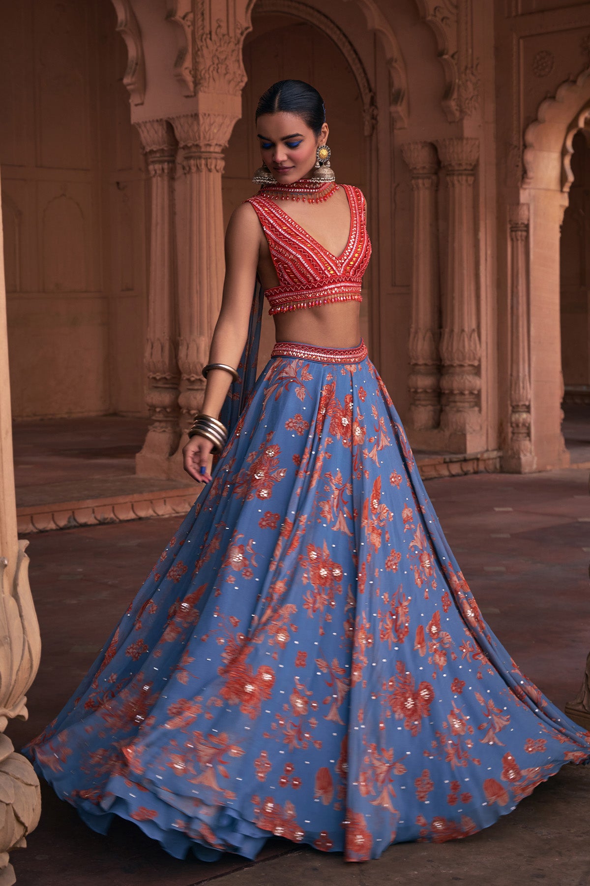 SLATE BLUE FLORAL PRINT & HIGHLIGHTED LEHENGA SET