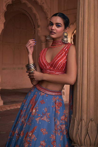 SLATE BLUE FLORAL PRINT & HIGHLIGHTED LEHENGA SET