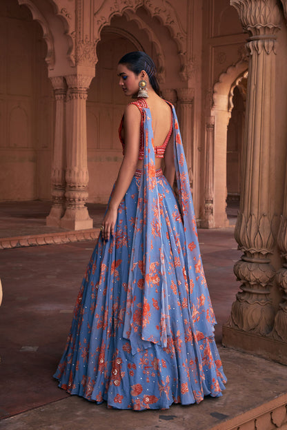 SLATE BLUE FLORAL PRINT & HIGHLIGHTED LEHENGA SET