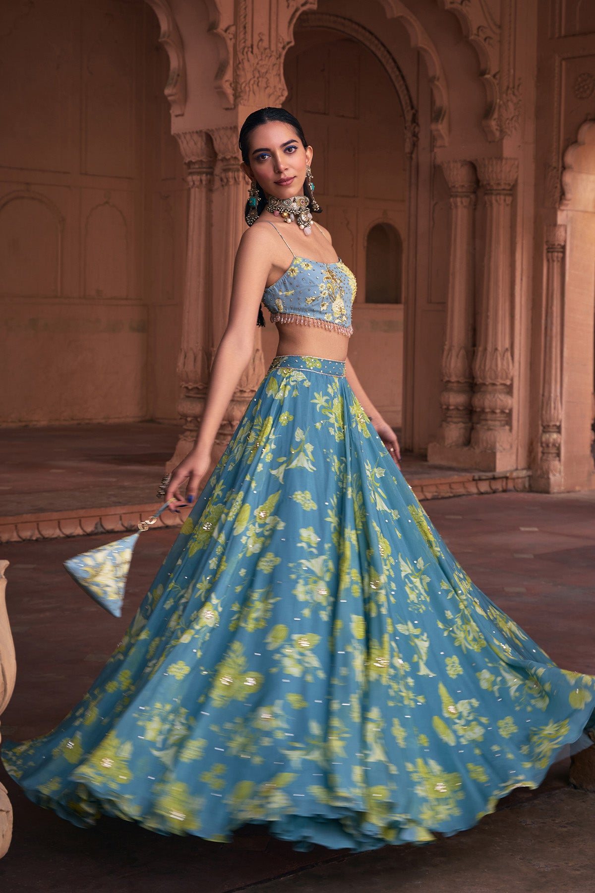 ICE B;LUE FLORAL PRINT & HIGHLIGHTED LEHENGA SET